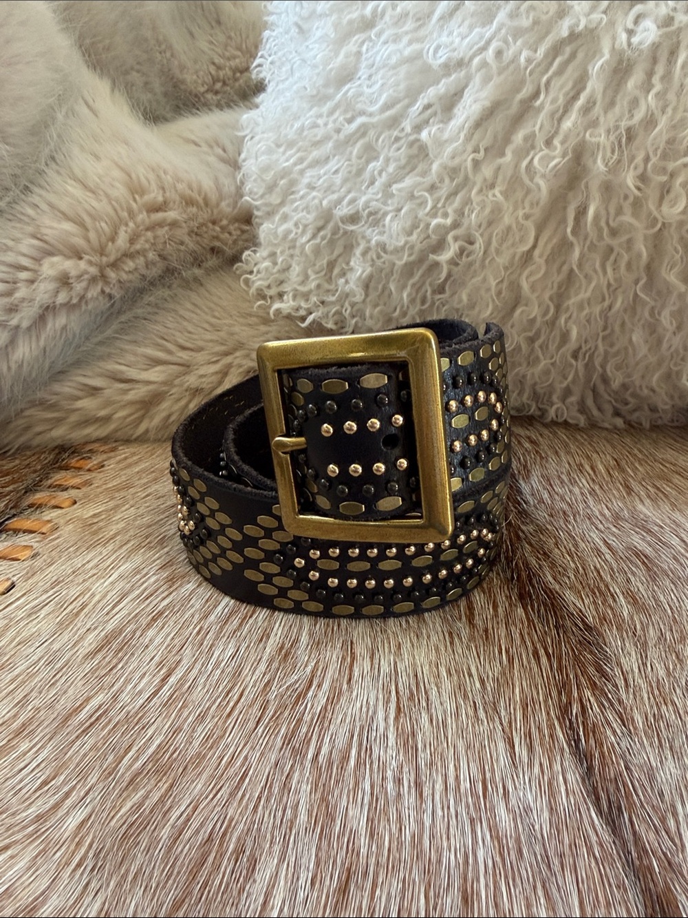 Amsterdam Hrtg Black Studded Leather Belt with Brass Buckle